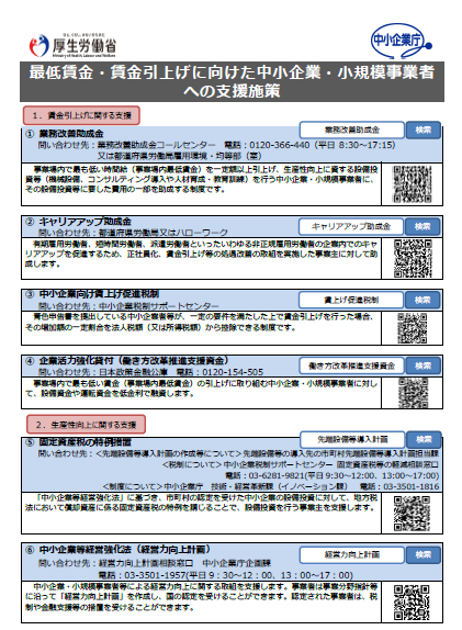 最低賃金・賃金引上げに向けた中小企業・小規模事業者への支援施策