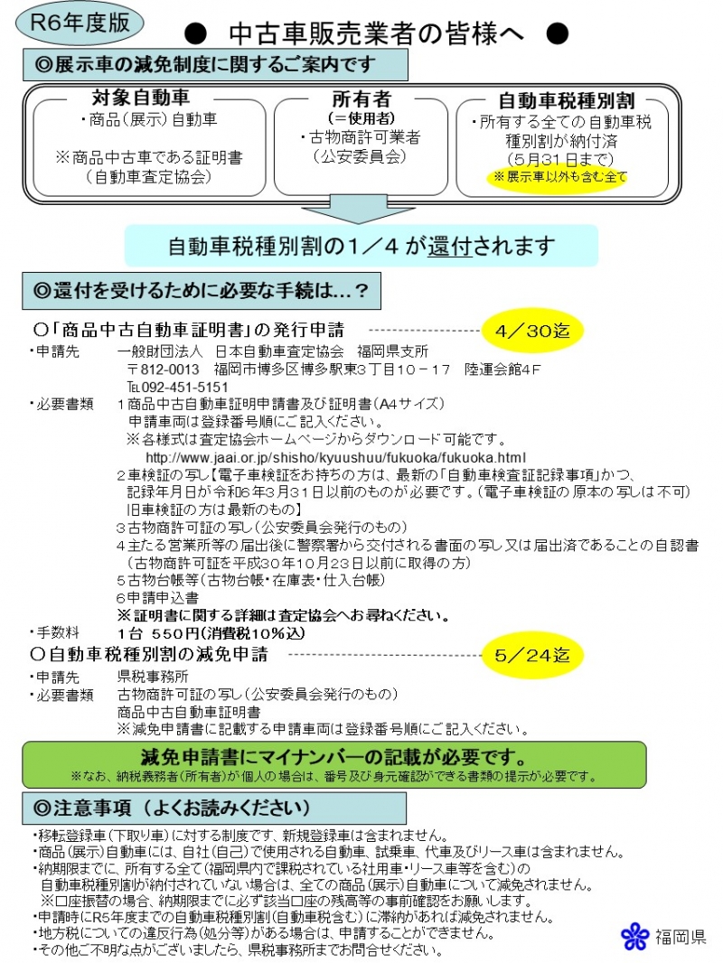 令和６年度　中古車販売業者の皆様に対する広報チラシです。