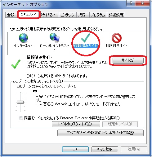 インターネットオプションのセキュリティタブ