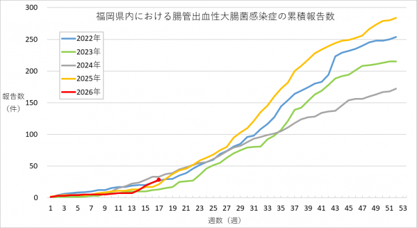 福岡県内における腸管出血性大腸菌感染症の報告数のグラフです。