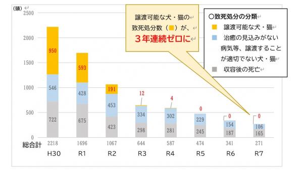平成３０年度から令和７年度の福岡県内の犬猫の致死処分の推移グラフ