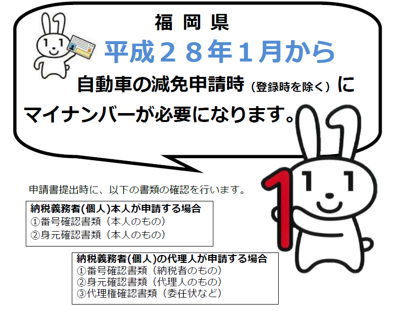 平成２８年１月から自動車の減免申請時にマイナンバーが必要になります。詳しくは管轄の県税事務所までお尋ねください。